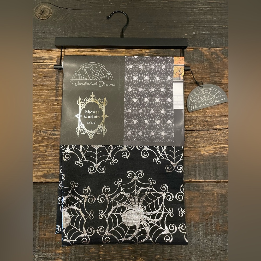 WANDERLUST DREAMS NWT Black W/Metallic Silver Spiders Halloween Shower Curtain